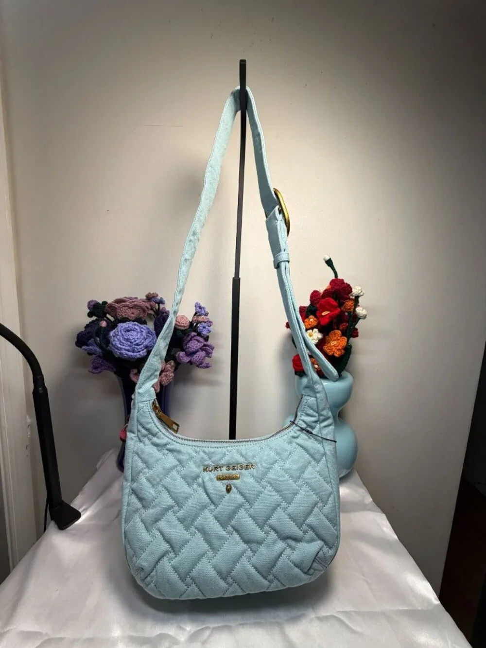 Kurt Geiger Quilted Shoulder Bag With Beaded Charm Strap & Adjustable Gold Hardw